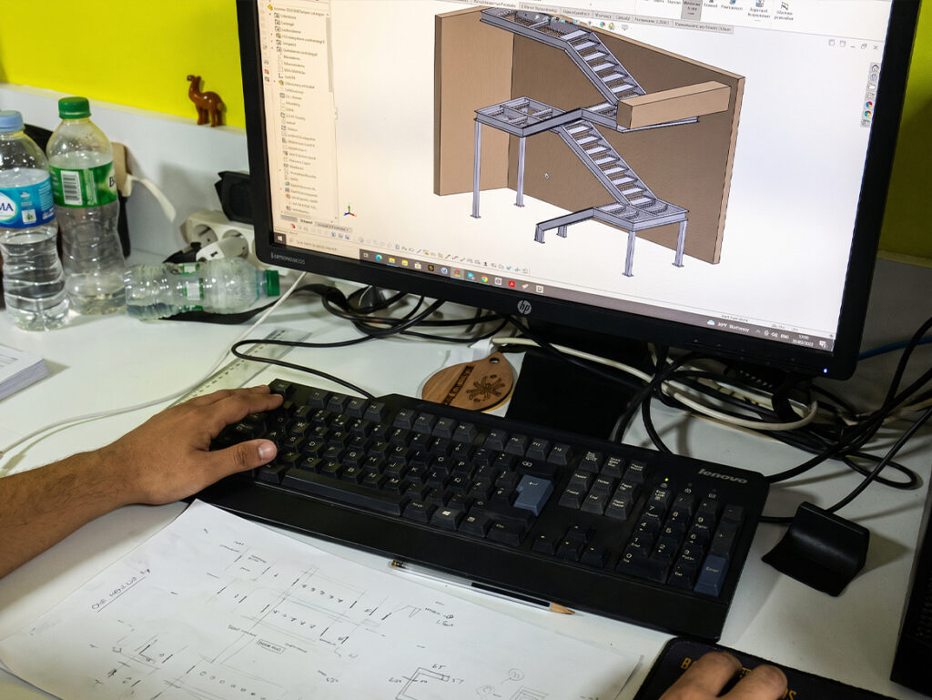Conception escalier sur mesure avec modélisation 3D et plans techniques en bureau d’études
