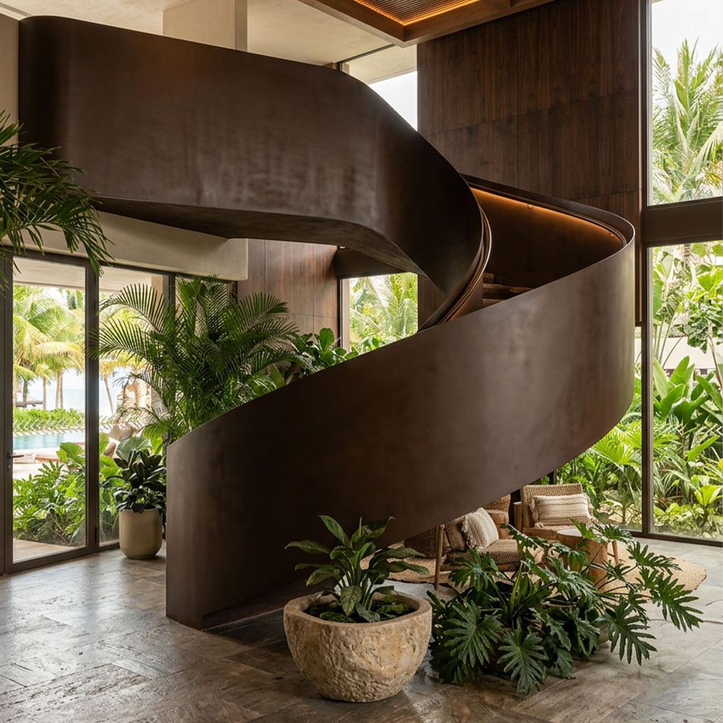Escalier colimaçon sur mesure en métal dans un intérieur contemporain haut de gamme