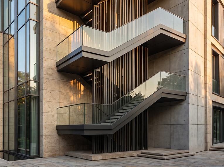 Escalier extérieur contemporain avec structure métallique et garde-corps en verre