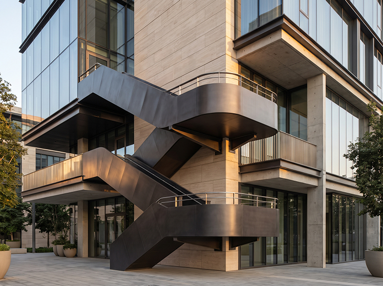 Escaliers extérieurs métalliques installés sur la façade d’un bâtiment contemporain