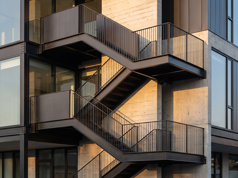 Escaliers extérieurs métalliques multi-niveaux avec garde-corps sur façade contemporaine